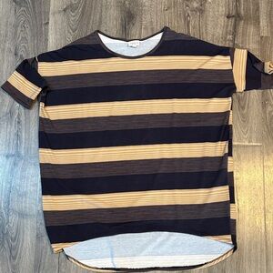 Striped Navy and Tan Hi-Lo Shirt.